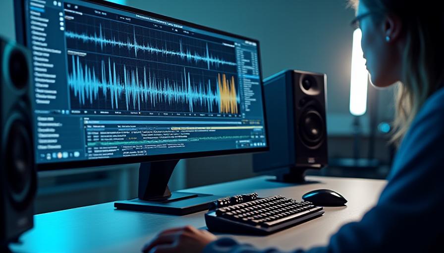 A professional audio engineer comparing human voice captures on a monitor with AI-generated waveforms