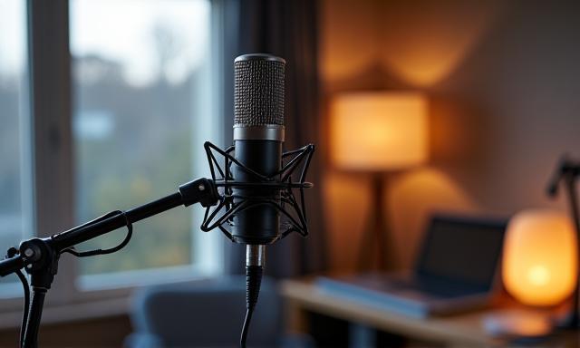 Studio microphone with digital sound wave visualizations