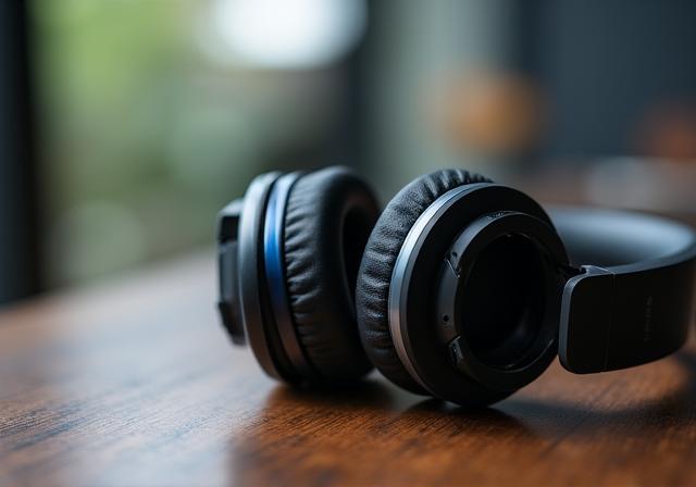 Quantum Audio noise-canceling headphones on a minimalist desk environment