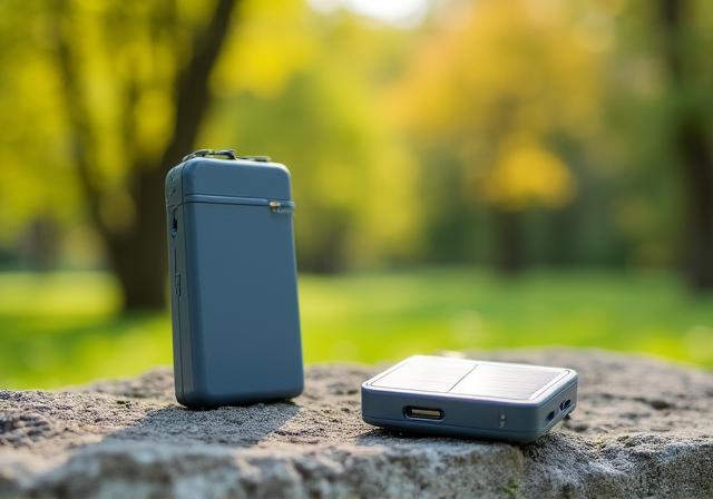 Sustainable solar-powered portable battery pack in an outdoor setting