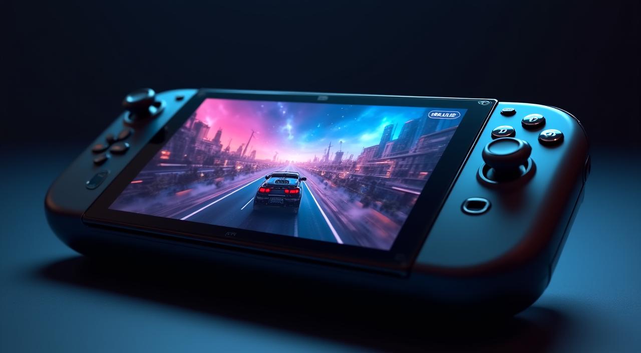 A sleek, futuristic handheld gaming device glowing in a neon-lit environment
