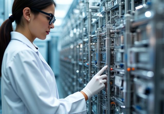 Modern laboratory researcher working on a cryostat used for quantum cooling