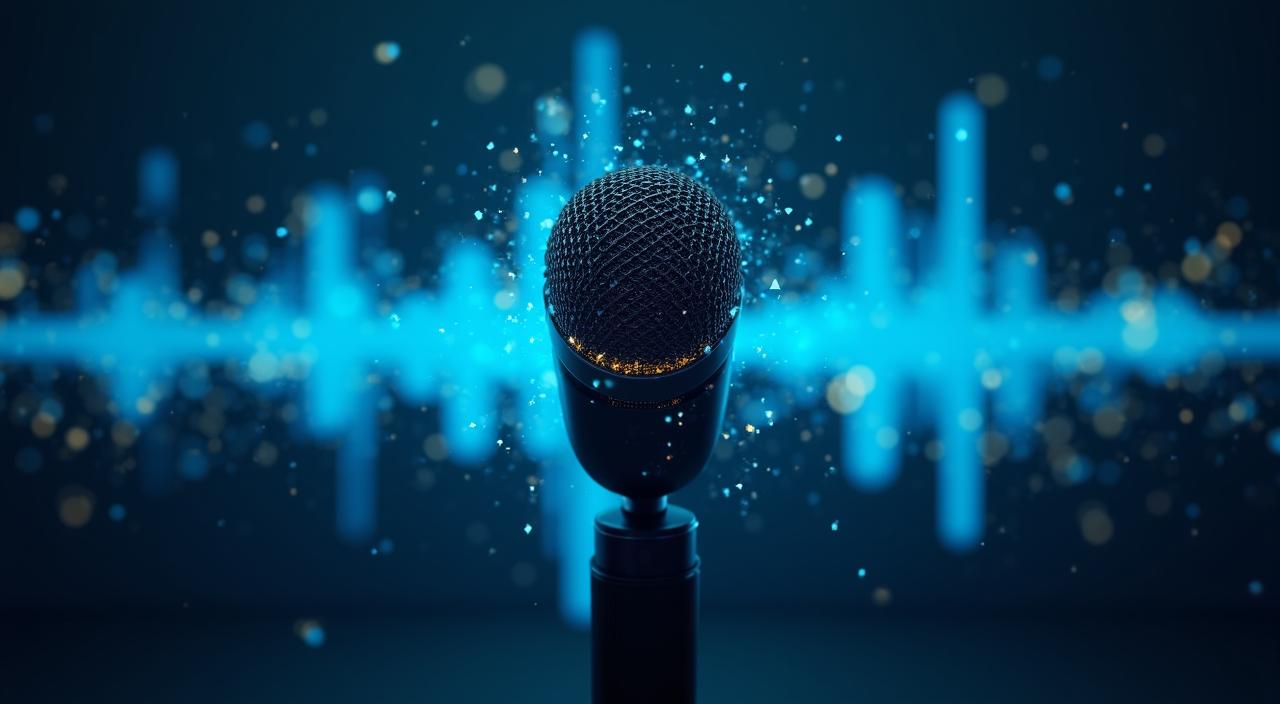 Illustration of a robotic microphone with digital soundwaves representing AI voices